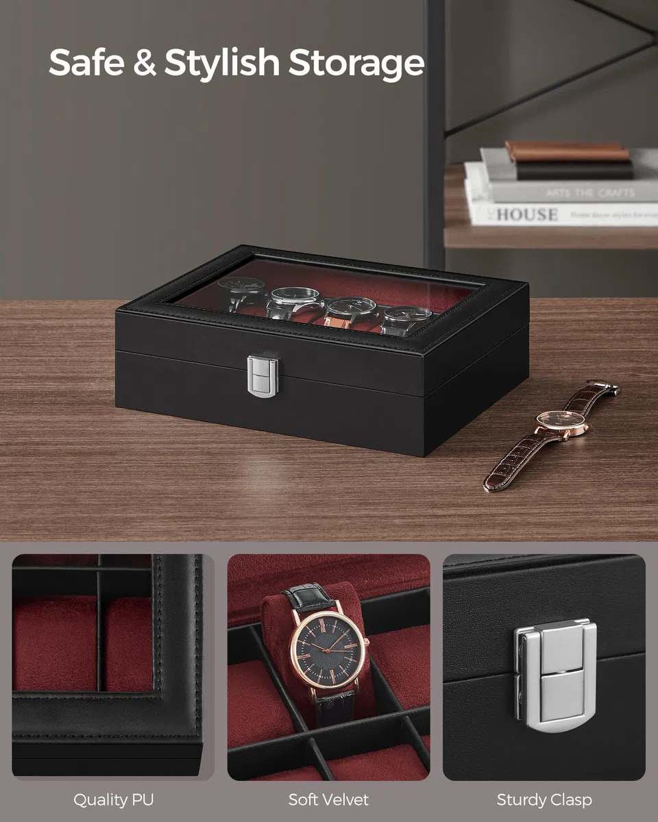 SONGMICS Caja de reloj, caja de reloj de 10 ranuras con tapa de cristal grande, almohadas de reloj extraíbles, organizador de caja de reloj, regalo para seres queridos, cuero sintético negro, forro