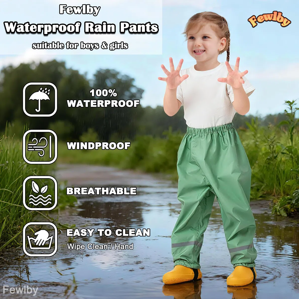 Fewlby Pantalones Impermeables, Niños Pantalones de Lluvia Niñas Mono Impermeable Chubasquero con Tiras Reflectantes Outdoor Traje Impermeable