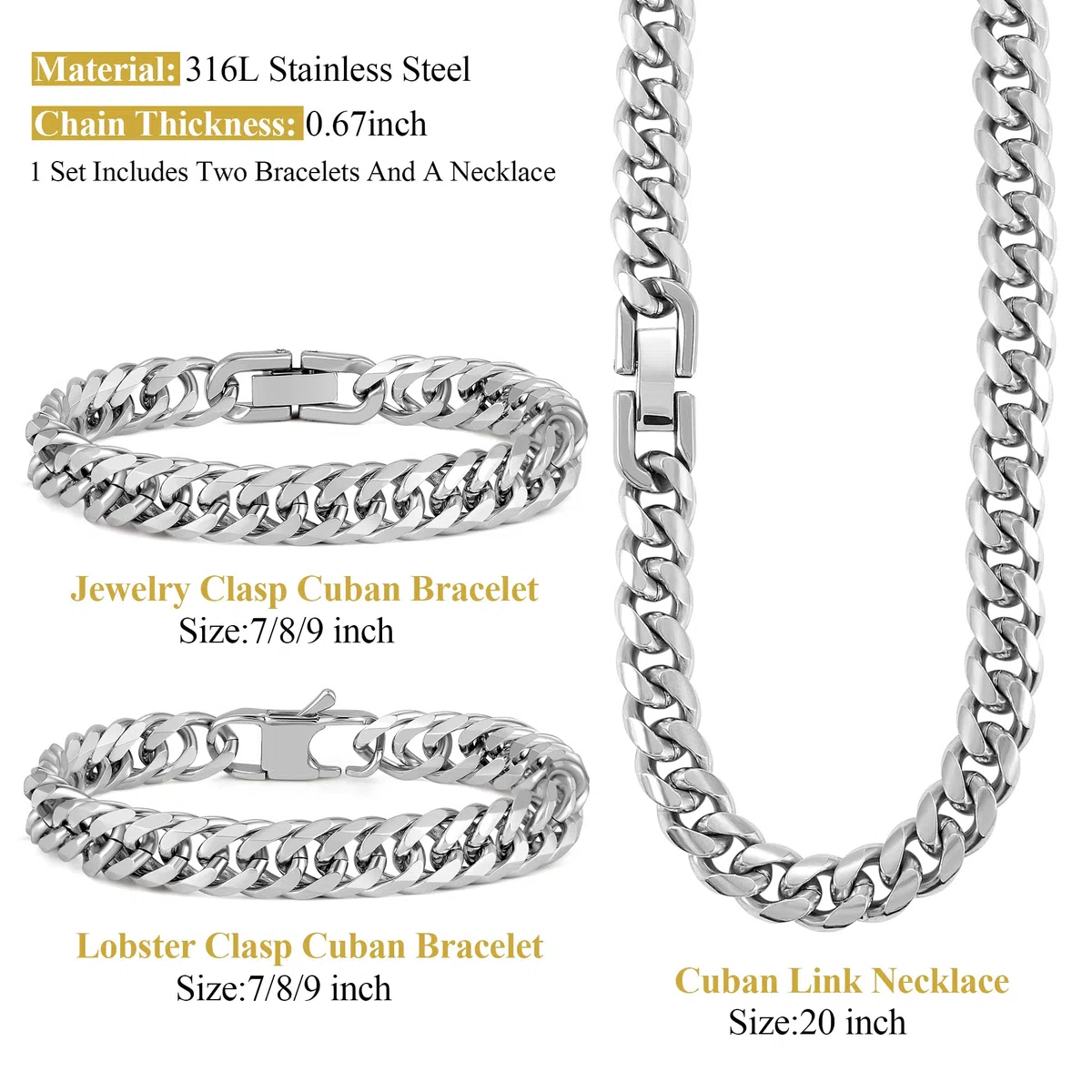 Juego de 3 pulseras de eslabones cubanos, cadena de eslabones cubanos de acero inoxidable 316L resistente para hombre, 8 mm, 7/8/9 pulgadas