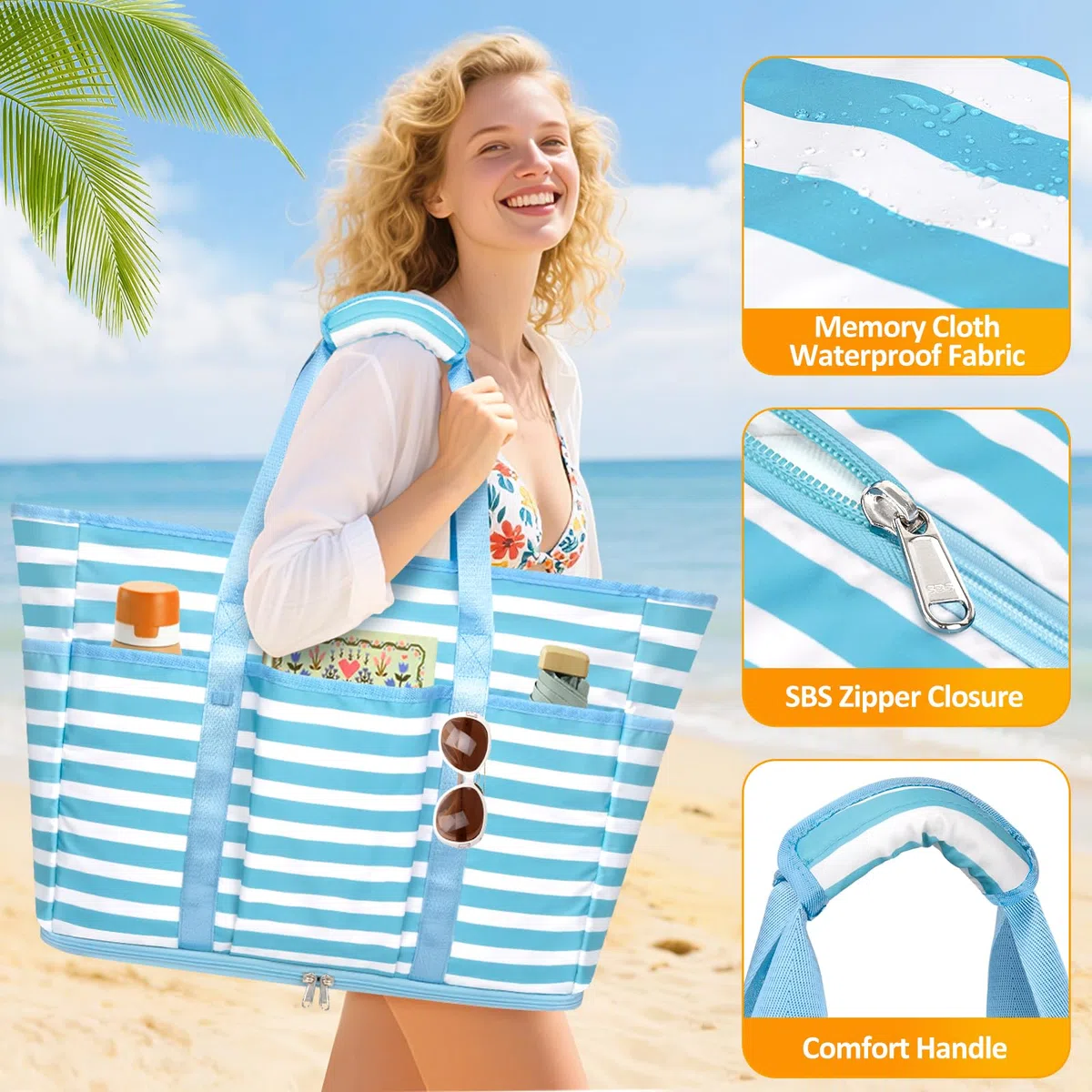 TEUEN Grande Bolsa de Playa XXL, Plegable Bolsa Playa Familiar con Cremallera Bolsa de Viaje Shopper Bolso de Hombro Mujer Tote Bag de mano para Playa Vacaciones,Compras,Trabajo,Viaje