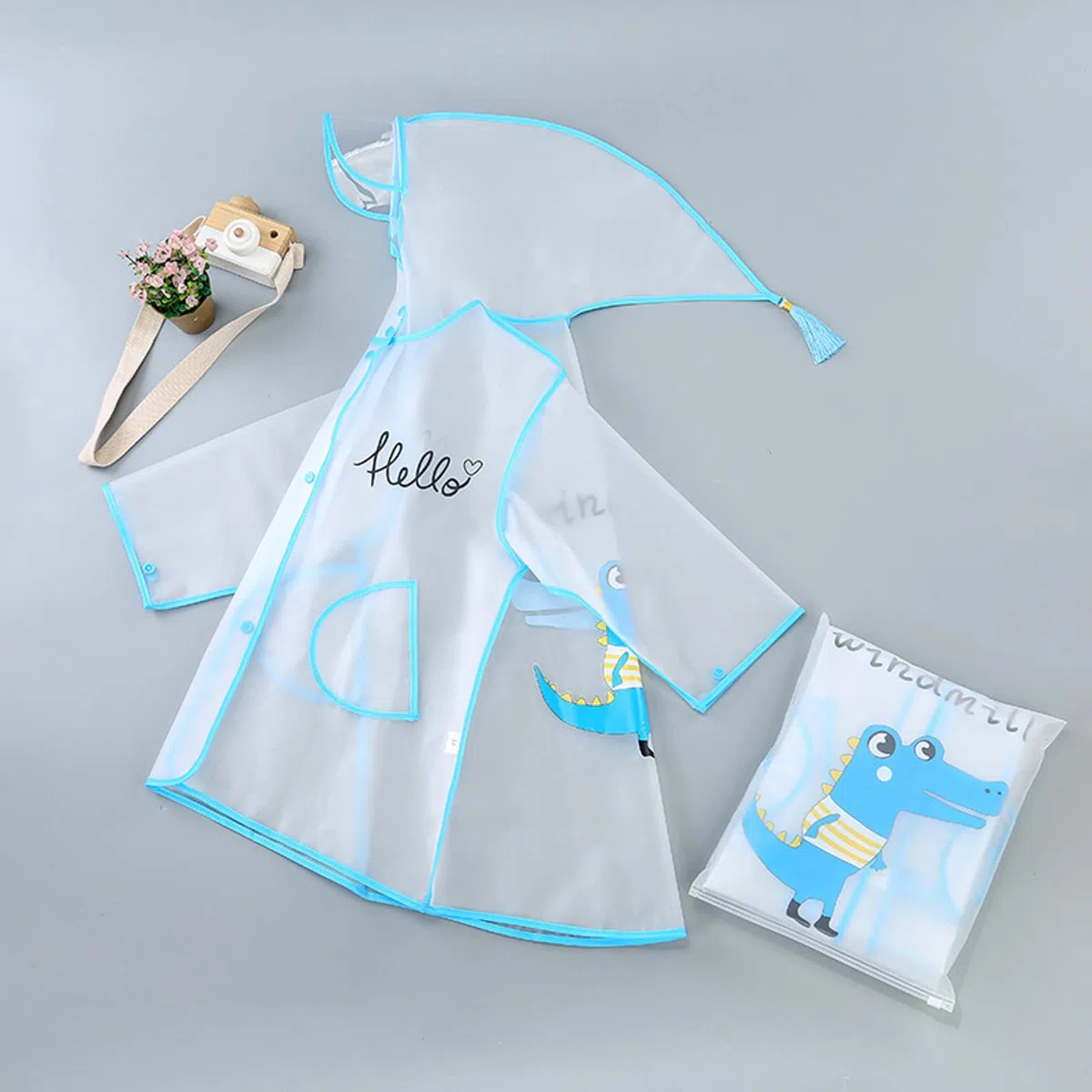 Capa de lluvia para niños y niños, chubasquero niño niña dibujos animados conejo patrón eva transparente poncho con sombrero moda transparente azul Jack