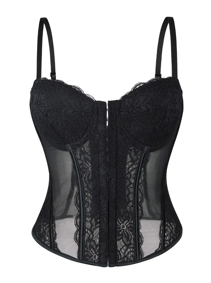 Wikoan Corset Mujer Top Sexy Encaje Corset Faja para Mujer Corsé con Tirantes y Cremallera S-XL