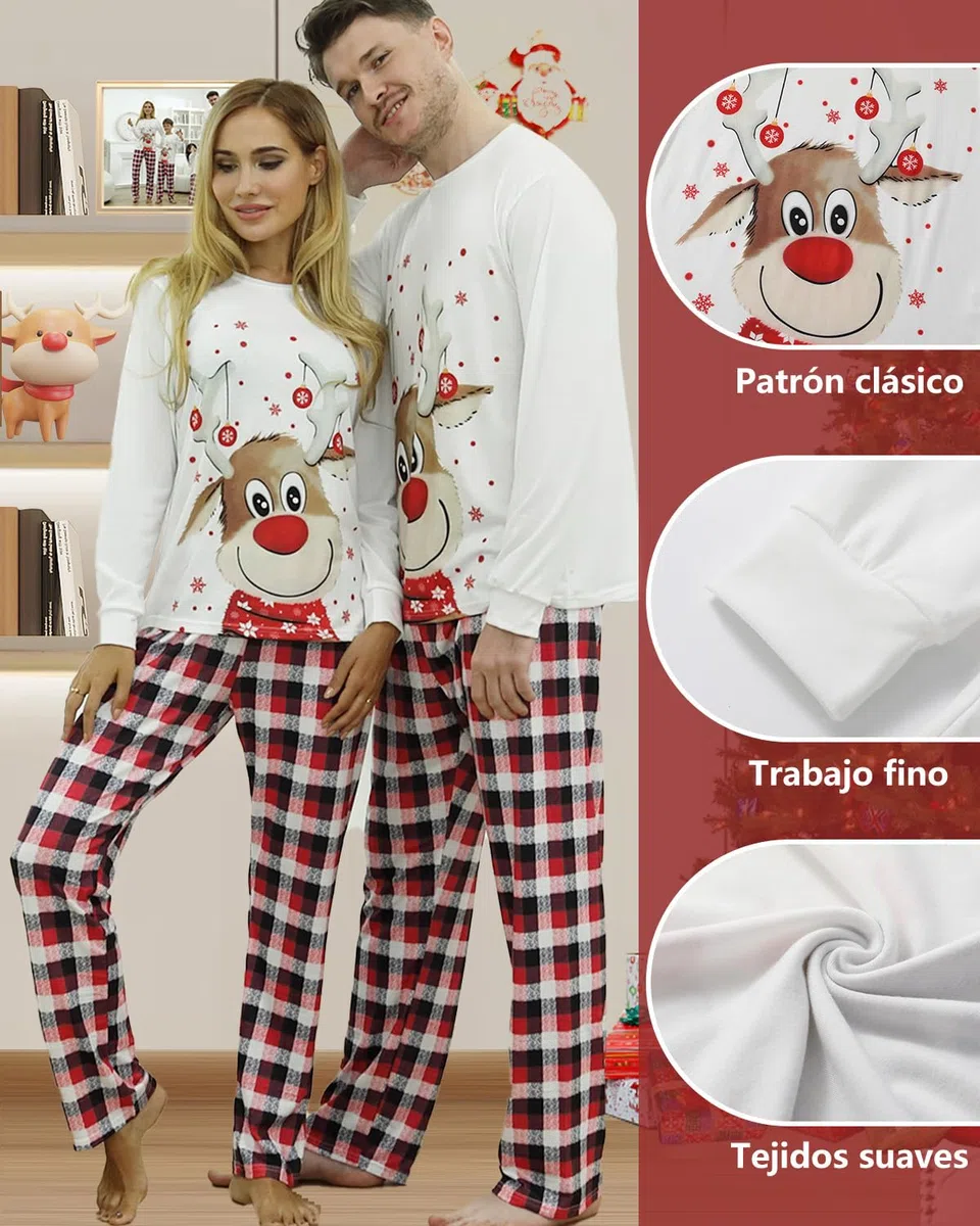 DDKJ Pijama Navidad Familia,Pijamas de Navidad para la Familia con Estampado de Reno,Pijama Navideño Familiar a Cuadros Rojos y Negros,Pijamas Navideños Pareja/Niños/Niñas/Bebe