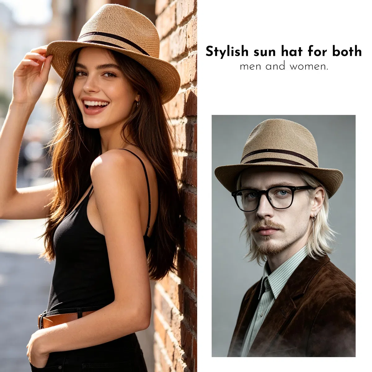 Sombrero Fedora Unisex de Paja con Cinta Decorativa, Elegante y Transpirable para Verano, Ideal Playa, Viajes o atuendos Casuales