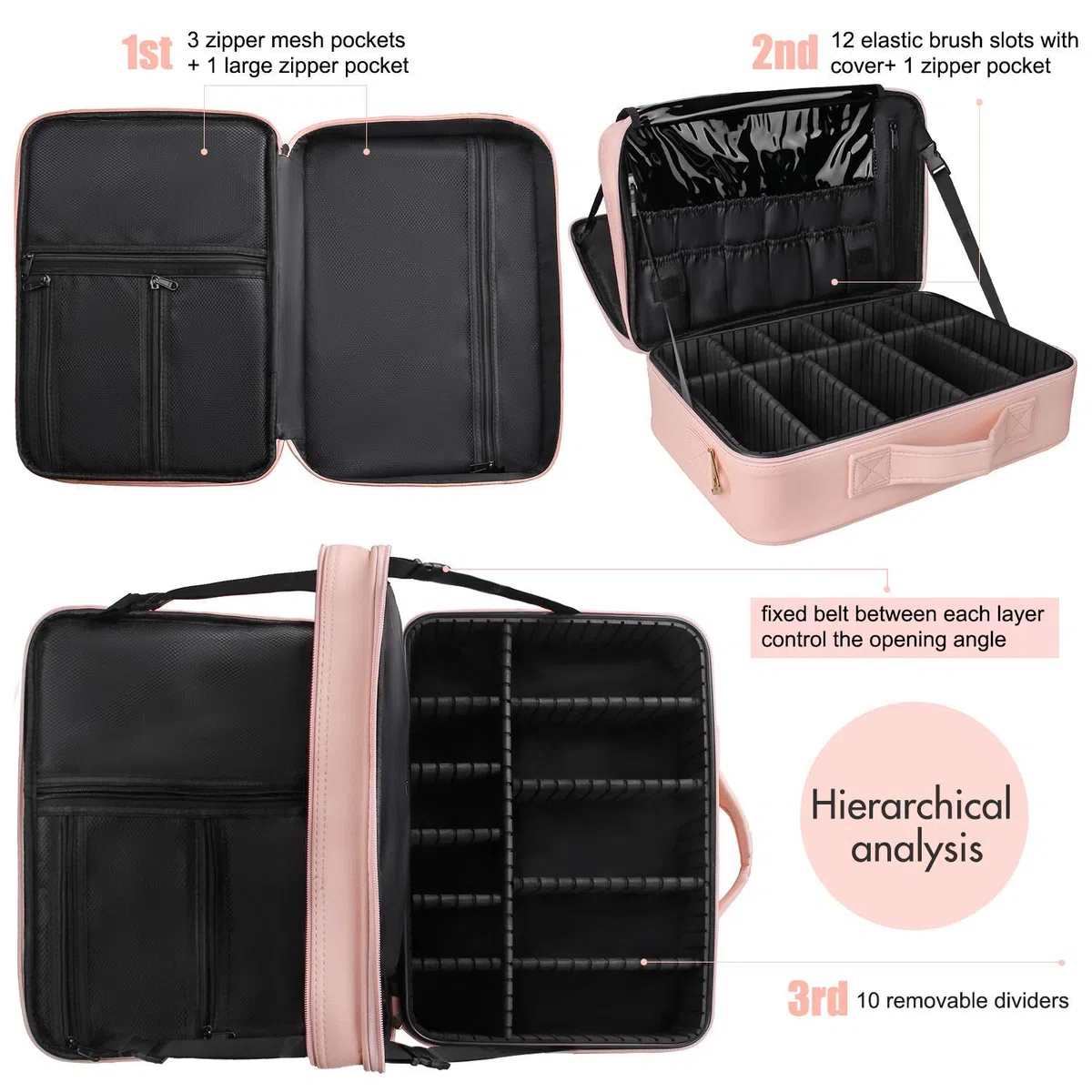 Relavel - Neceser de Viaje con divisores Ajustables para cosmética, brochas de Maquillaje, Joyas y Accesorios electrónicos