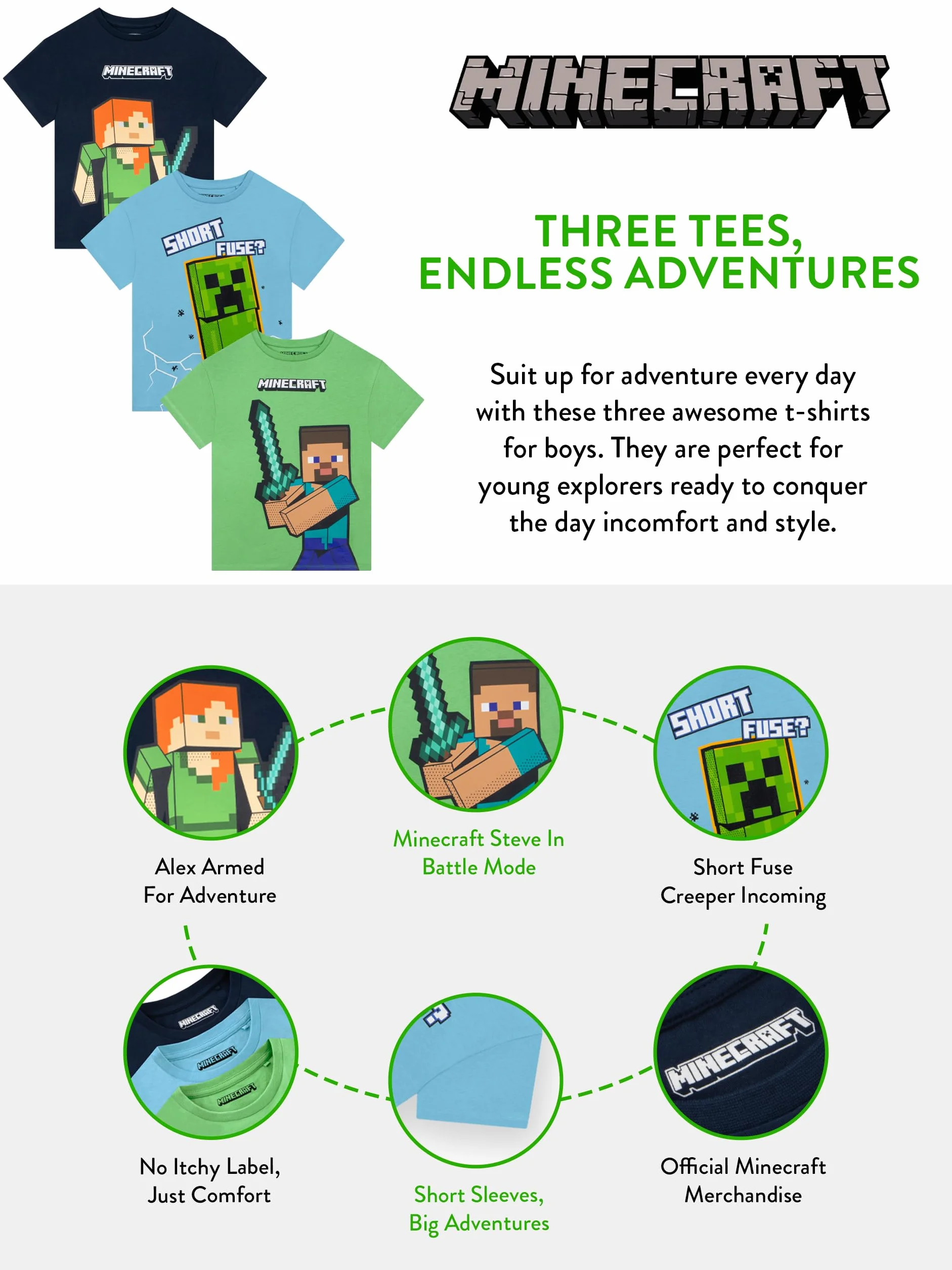 Minecraft Camisetas para Niño, Pack De 3 Camisetas Gaming para Niños, Lote De Camiseta Infantiles