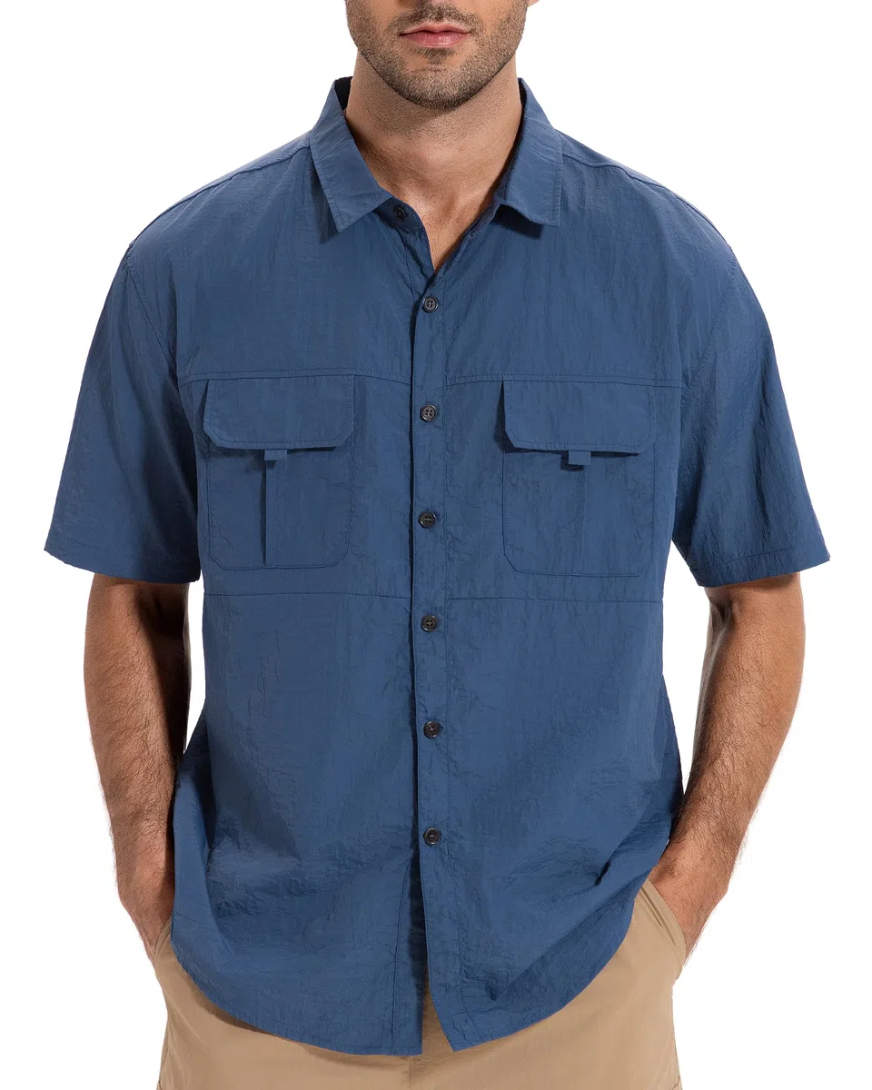 AMZSPORT Camisa de Senderismo Transpirable para Hombre Corte Holgado con Bolsillos Manga Corta Informal para MontañIsm，Pesca, Viajes, Safari