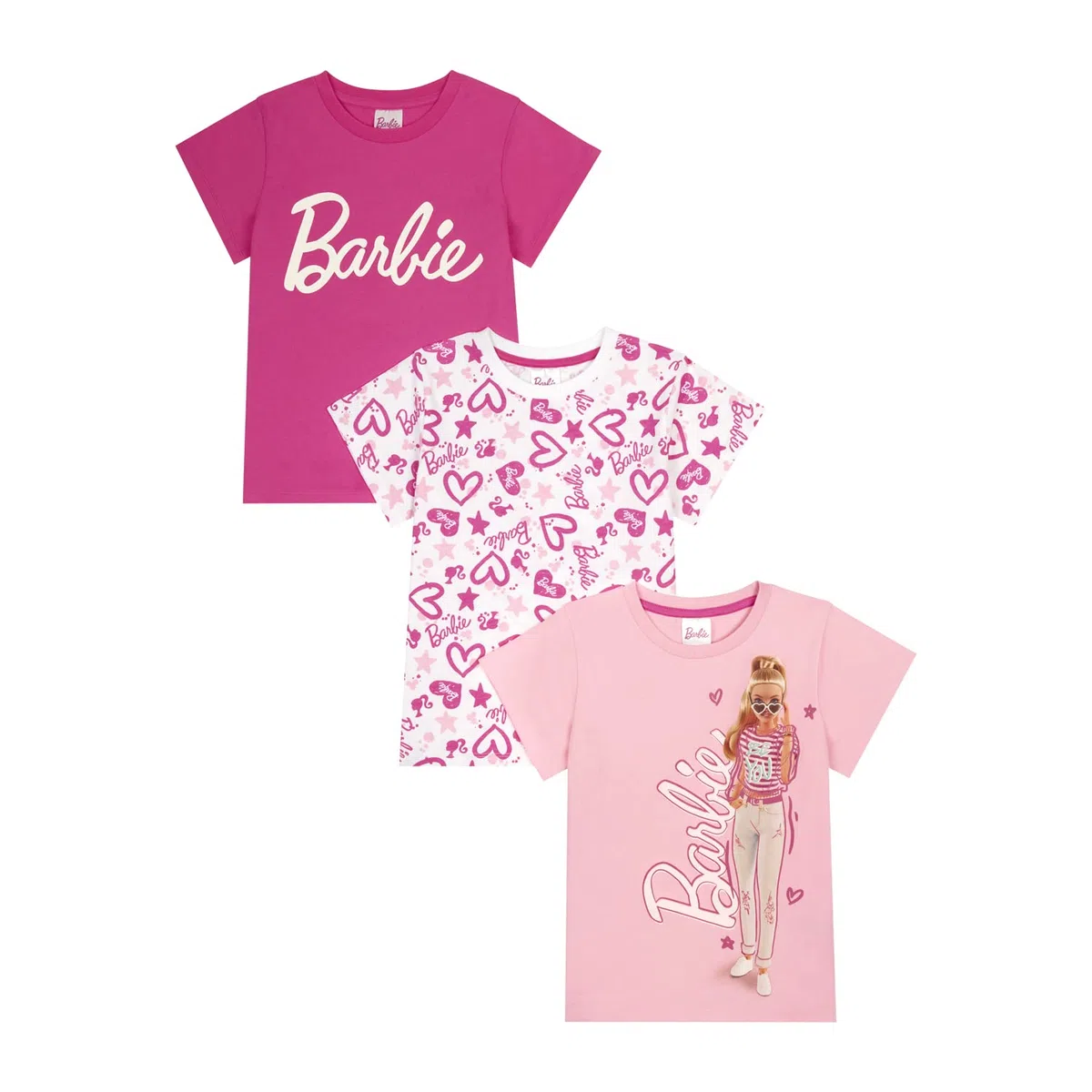 Barbie Paquete de 3 camisetas de manga corta para niñas, paquete de 3 camisetas de verano para niñas, edades de 3 a 10 años