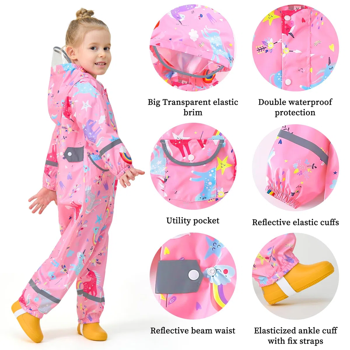 Impermeable Chubasquero Niñas Lluvia con Capucha Portátil Chaquetas Lluvia Reutilizable Encapuchado Mono Traje Ligero Impermeables para Infantil Bebé 1-9 Años