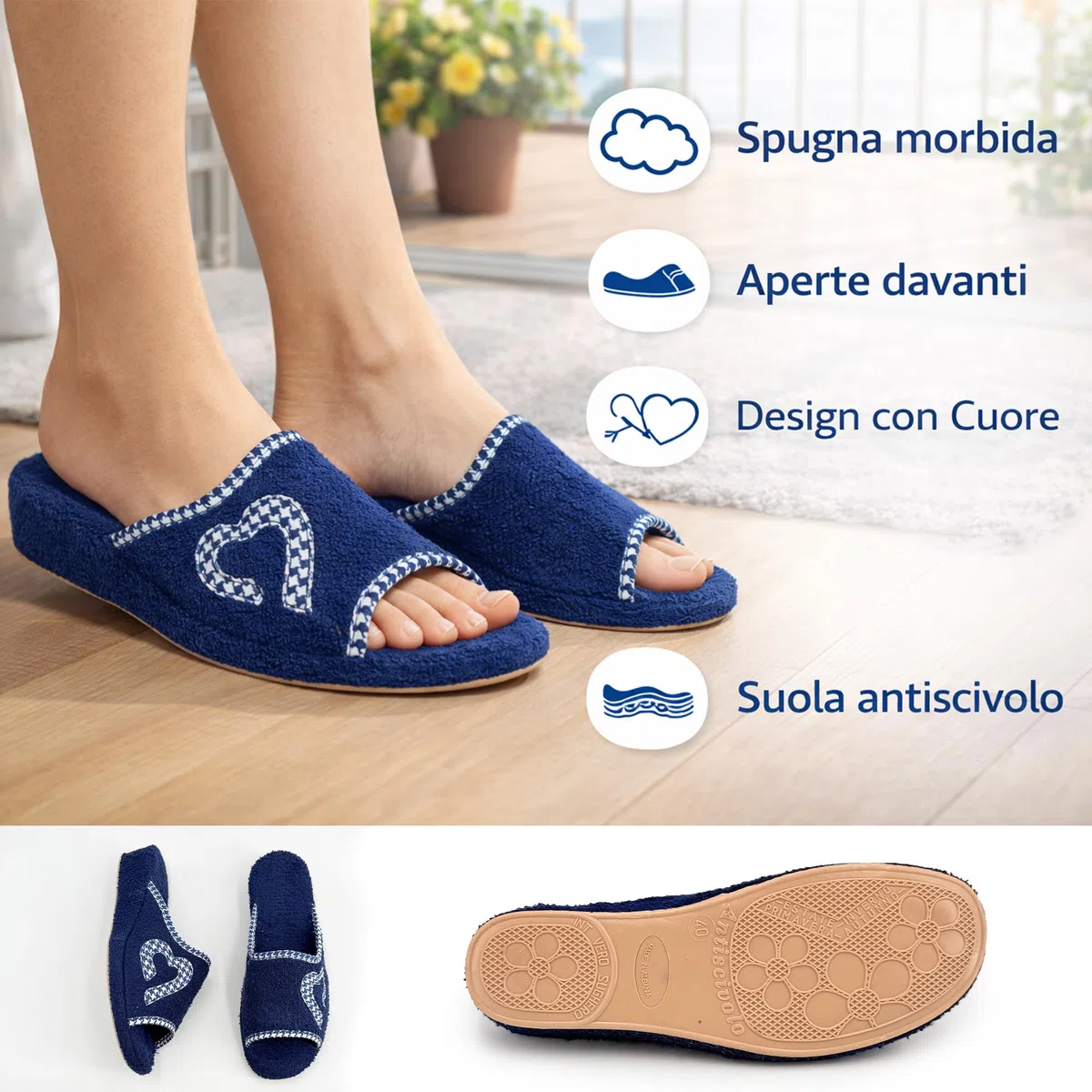 JOMIX Zapatillas Rizo Toalla Abierta Mujer Casa Chanclas Verano Cuña Baja Cómodas con Corazones para Señora Suela de Corcho Suave Ligeras