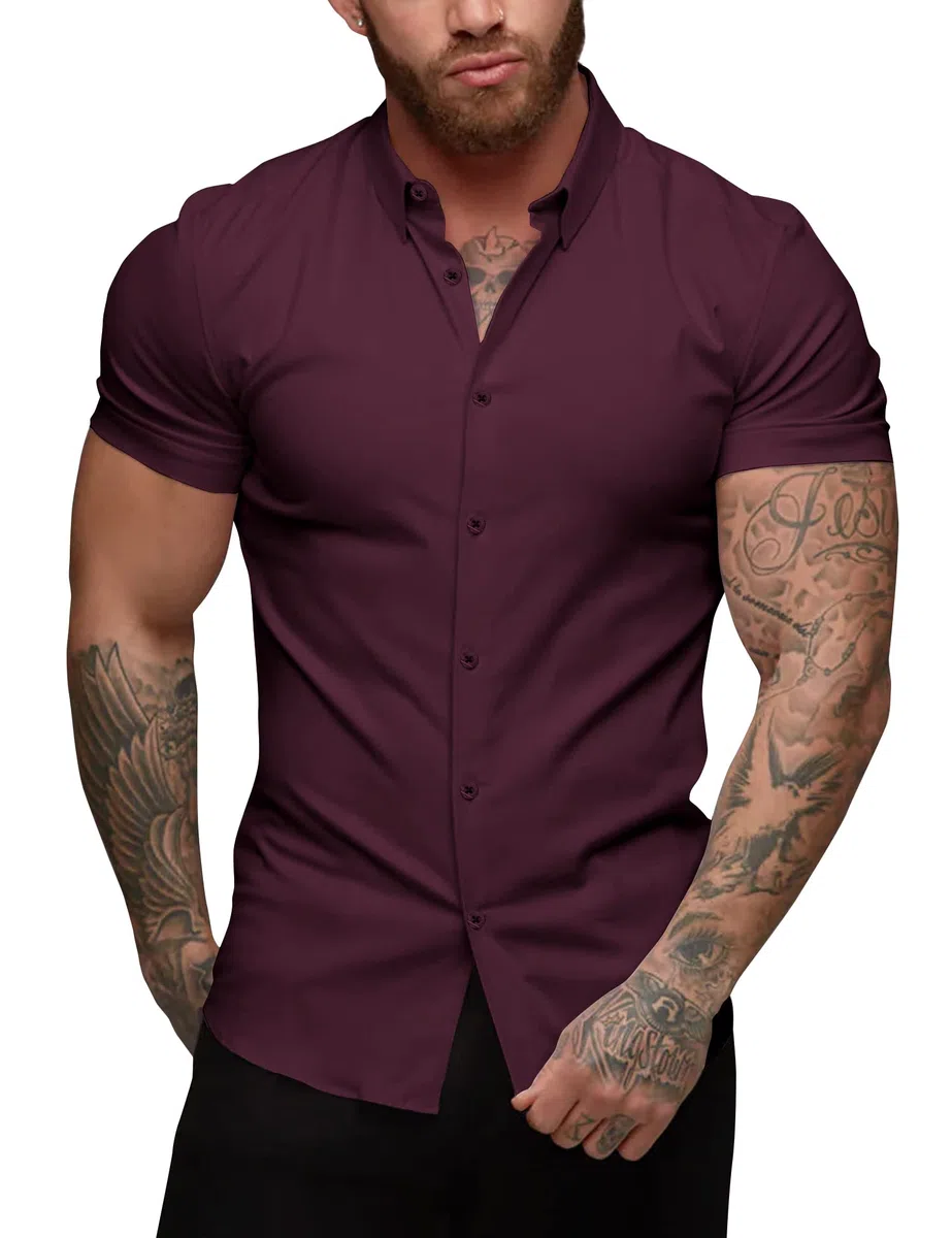 URRU Camisas de Vestir musculares para Hombre, Ajustadas, elásticas, de Manga Corta, Casuales, con Botones, para Hombre, Manga Corta-Vino Rojo, Medium