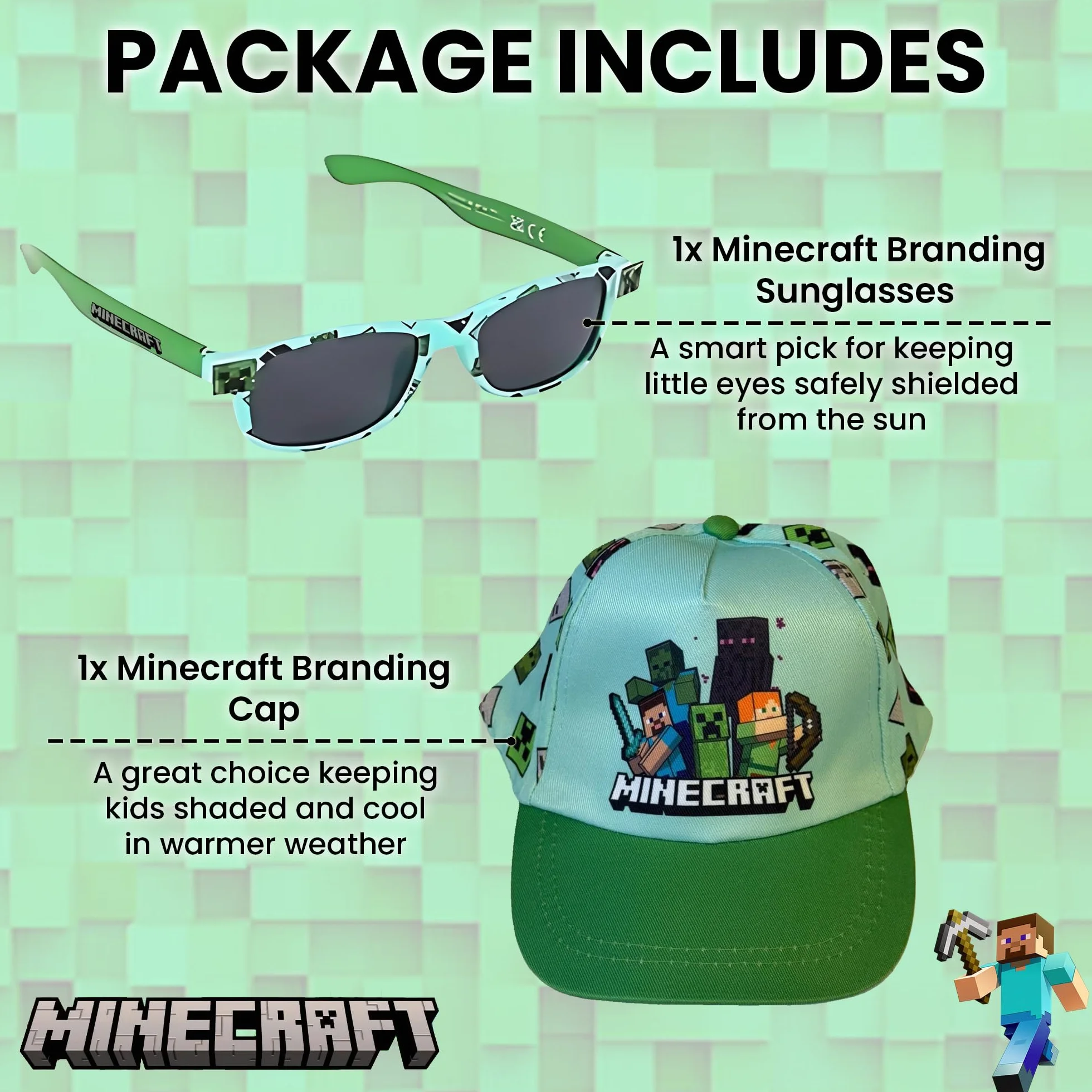 Toys & Gamers Minecraft - Juego de gorra y lentes de sol gratis, azul claro y verde, accesorios de personajes para niños