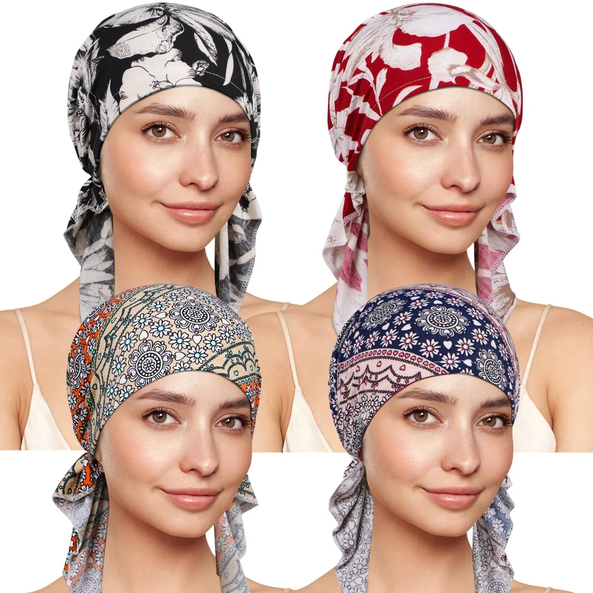 4 diademas de quimioterapia para mujer, bufanda preatada para la cabeza contra el cáncer para la pérdida de cabello