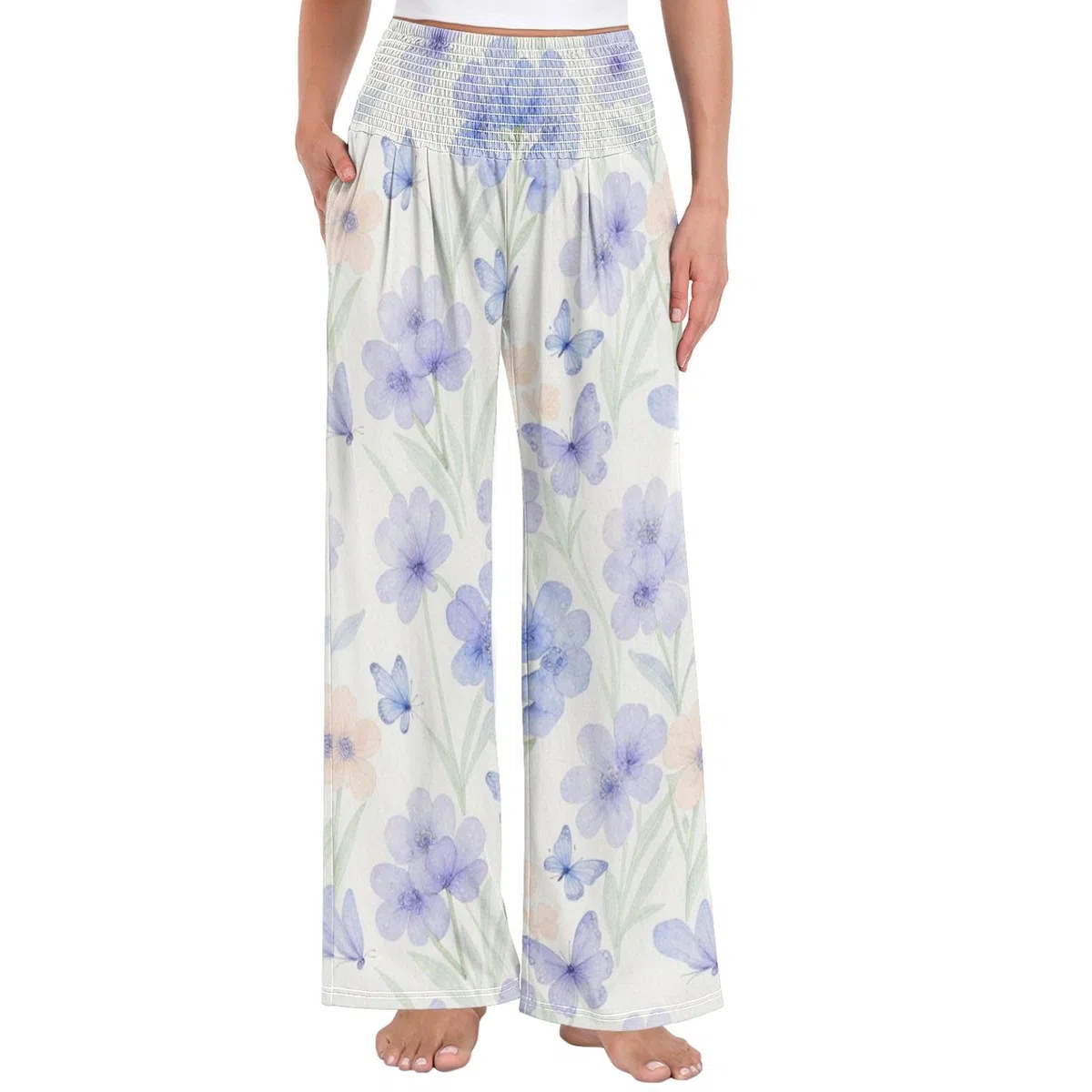 Pantalones de pierna ancha para mujer, diseño floral, color morado, resistentes a las arrugas, pantalones casuales de viaje