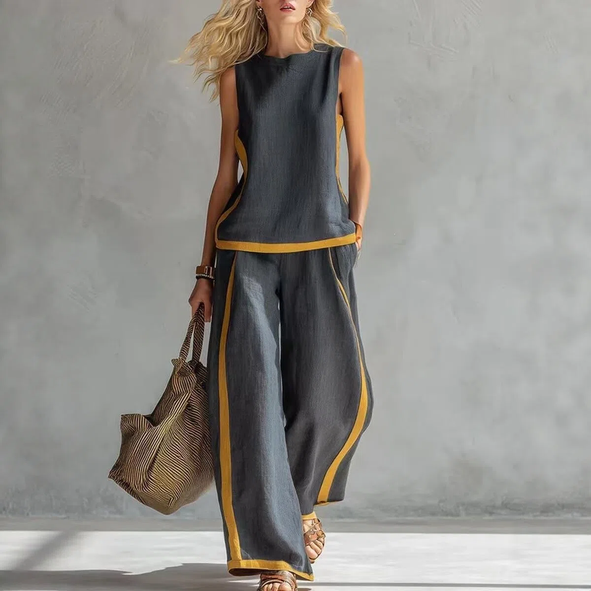 conjuntos De Verano De 2 Piezas para Mujer En Mezcla Lino, Top Sin Mangas con Cuello Redondo Y Bloques Color, Pantalones Pierna Ancha Talle Alto, conjunto Casual Holgado para Estar En Ca