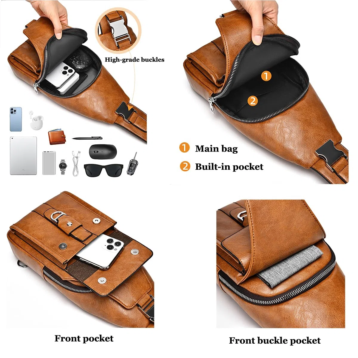 A-QMZL Bolso Hombre de Pecho de Piel Bandolera PU Cuero Bolsos Bandolera Casual Sling Bag Mochila Hombro Bolsas Impermeable Crossbody Bag (gris)