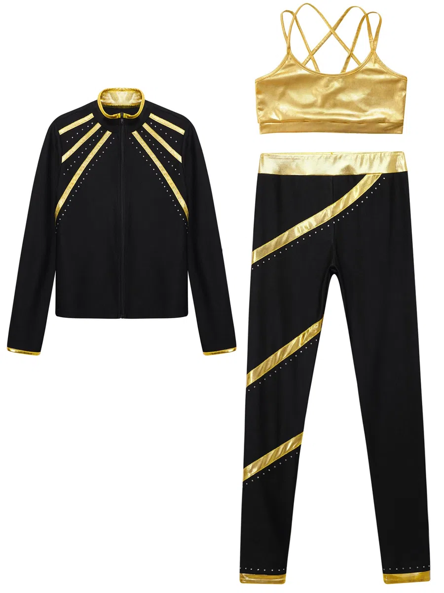Ropa de patinaje artístico para niñas y niños, chándal metálico, sujetador deportivo, strass, chaqueta brillante, rayas, patchwork, leggings dancewear