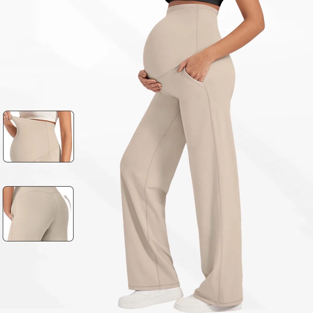 Pantalones de Maternidad para Mujer Cintura Alta Elástica Pantalones Deportivos de Pernera Ancho Recta para Embarazo Suaves Cómodos Pantalon Yoga con Bolsillos Casual Elástico Legging Push Up