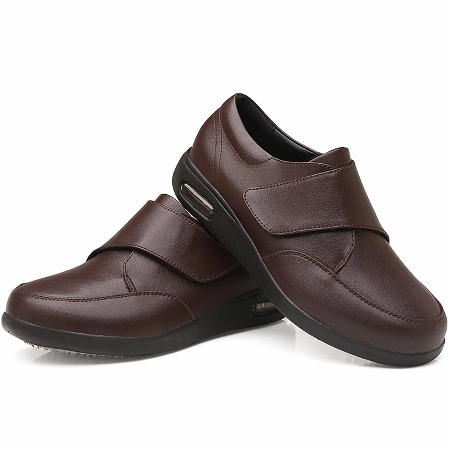 Zapatos para diabéticos, zapatos de cuero extra anchos para caminar, con cierre ajustable, antideslizantes, ligeros, ortopédicos, para ancianos, pies hinchados, pulgar, valgus, marrón, 43 EU
