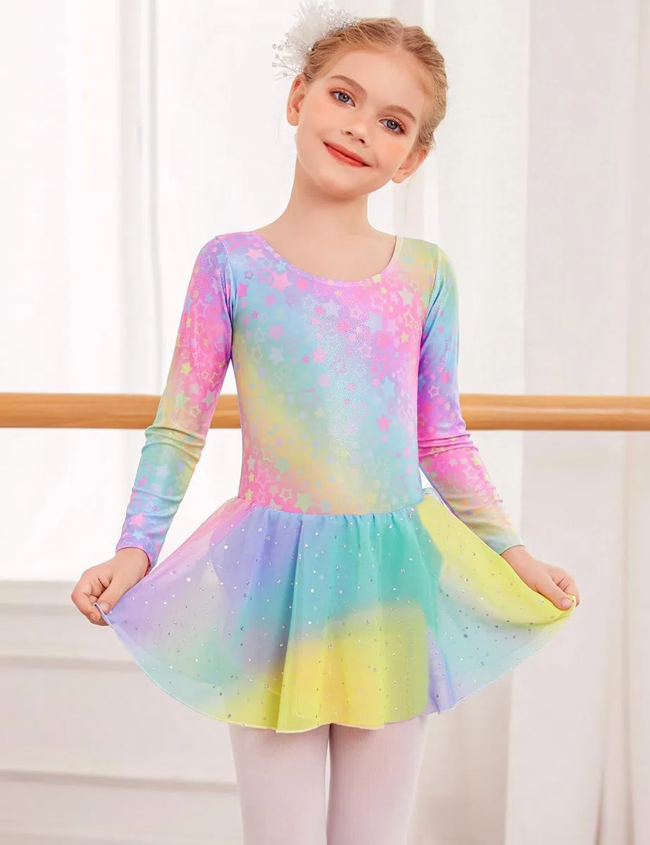 Arshiner Ropa de Ballet para Niñas de 2 a 10 Años Vestido de Ballet de Manga Larga Vestido de Danza de Ballet para Niños Traje de Ballet de Algodón Sin Espalda Mono de Baile con Falda de Ballet Tutú