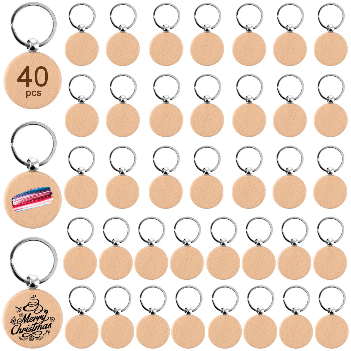 WOPPLXY 40 piezas llaveros madera blanco, Ø 4 cm, Dicke 7mm, con Anillos, für DIY, Basteln Dekoration Geschenke, Malerei