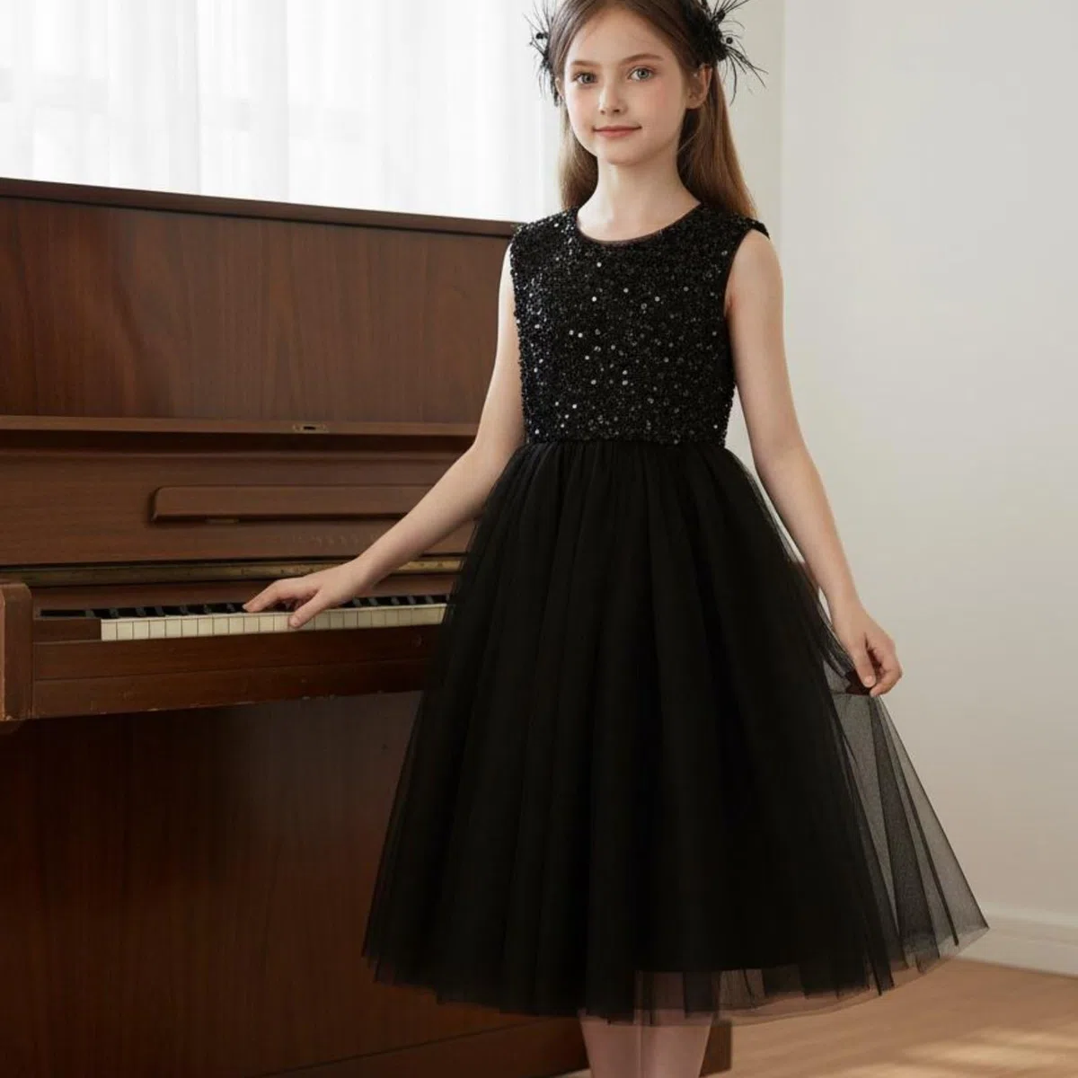 predolo Vestido de Actuación sin Mangas Brillante Vestido de Fiesta Negro Infantil Diseño Elegante para Bodas