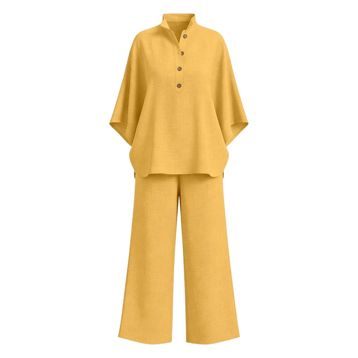 Generisch Traje informal de dos piezas para mujer, monocolor, camisa holgada con cuello alto, botones y pantalones largos, cómodo, informal, verano, diario, vacaciones, ligero, moda