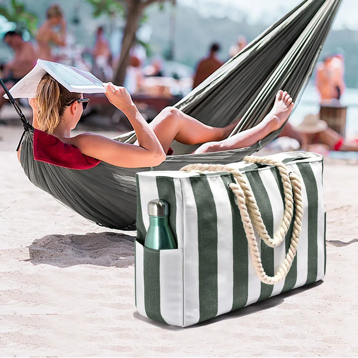 Becokan Bolsa de natación para mujer, impermeable, a prueba de arena, grande, a rayas, con cremallera