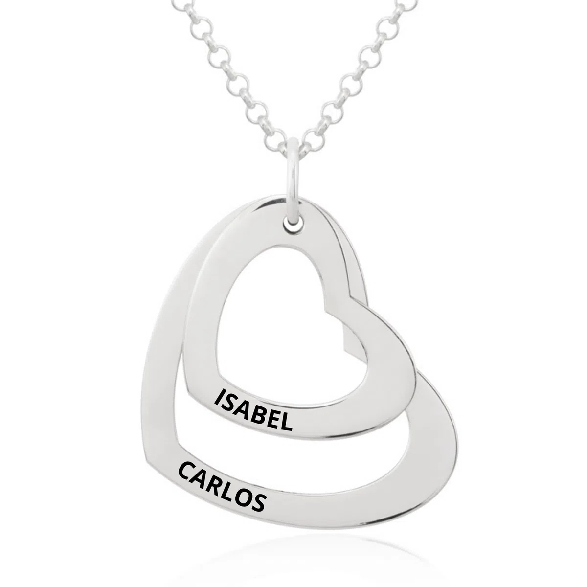 Collar Corazón con Grabación de Nombres Personalizada en Plata de Ley 925 Cadena de 45cm + Alargador. Regalo ideal de San Valentín, para Novia Madre Abuela. Hecho en España. (2 Corazones Plata)