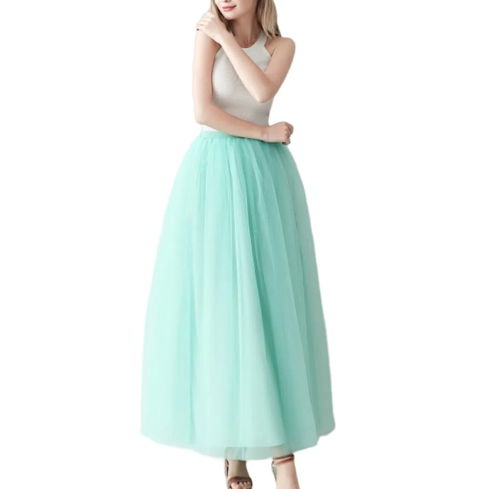 Falda Larga Plisada De Tul para Mujer, Cinturón De Satén Color Aguamarina, Falda De Malla De Cintura Alta, Falda Tutú De Fiesta, Falda Larga hasta El Tobillo con Vuelo Elegante para Damas Y