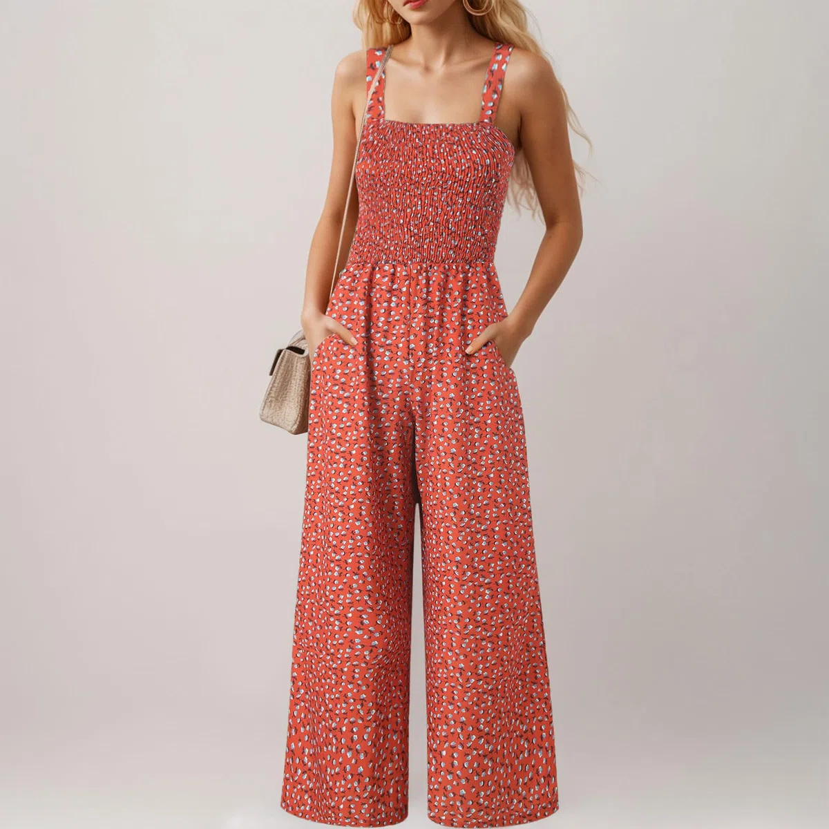 Mono Mujer Verano Elegante Monos de Vestir Estampado Floral Peto de Pierna Ancha Mono Mujer Casual Sin Mangas Pantalón Rompers Verano Tirantes Anchos Peto con Bolsillos Holgado Clásico Palazzo