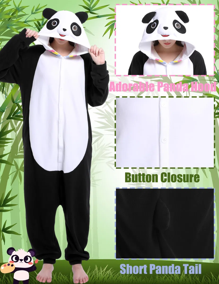 Panda Pijama Adulto Divertido Animales Ropa de Dormir Lindo Onesie Mujeres Hombres Navidad Halloween Disfraz de Cosplay, Negro