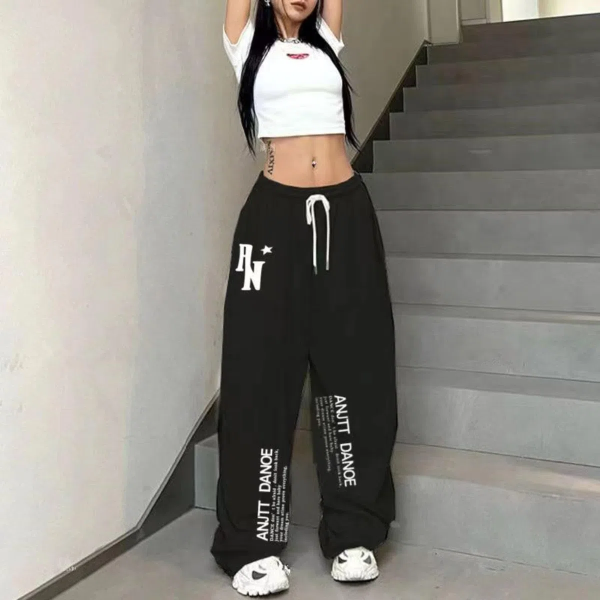 Pantalones De Baile Hip Hop, Pantalones De Cintura Alta con Cordón Y Gráficos, Corte Holgado, Rojo, Blanco, Negro, S-2XL (Black,S)