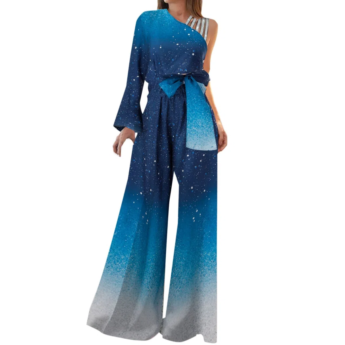 Mono con purpurina para mujer, de verano, largo, multicolor, con un hombro, dos colores, sexy, hombros descubiertos, una pieza, piernas anchas, elegante, traje de pantalón de cintura alta