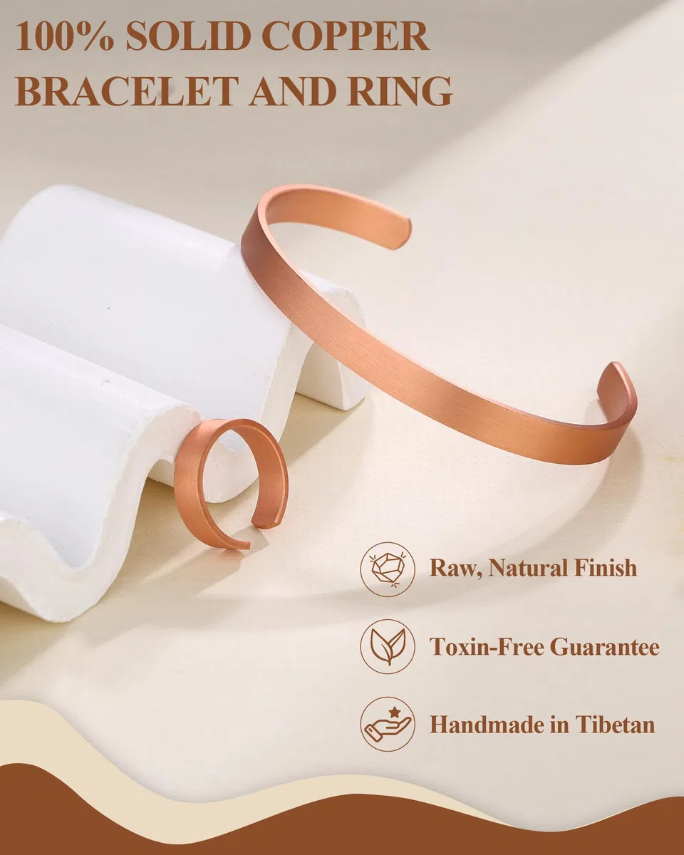 BioMag Pure Copper Bracelet and Ring Set – Copper Bracelet for Men & Women – 100% Solid, Raw & Uncoated Handmade Hammered Tibetan Cuff Bangle