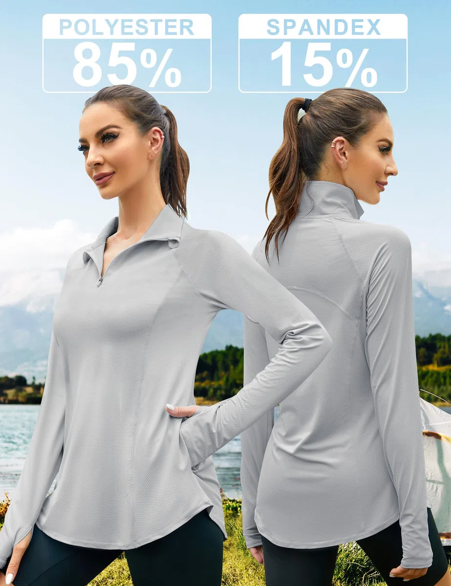 IECCP Camisetas ligeras con protección solar UPF 50+ para mujer, con cremallera de 1/4, manga larga, para ejercicio
