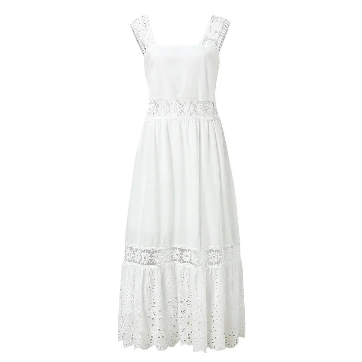 ARESU Vestidos Blancos Ahuecados De Ganchillo De Encaje Vestido Boho Informal De Vacaciones Sin Espalda para Mujer Vestido Maxi Suelto De Algodón para La Playa para Mujer-Blanco-S