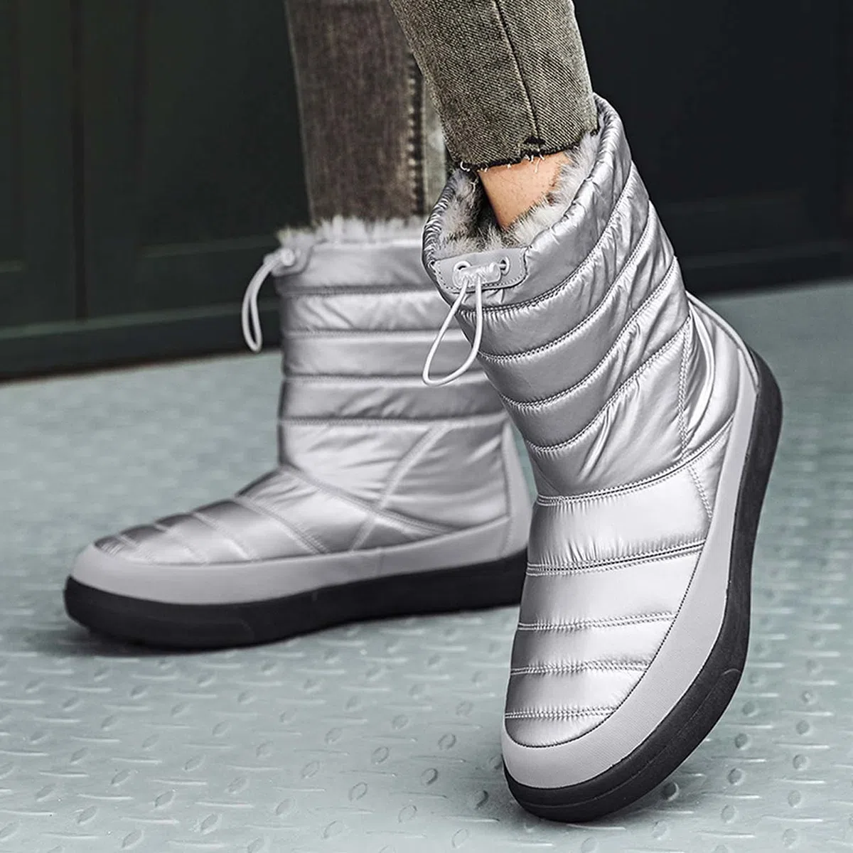 Botas de nieve para mujer invierno cálido forro de piel al aire libre sin cordones en botines impermeables zapatillas de deporte, gris, 39 EU