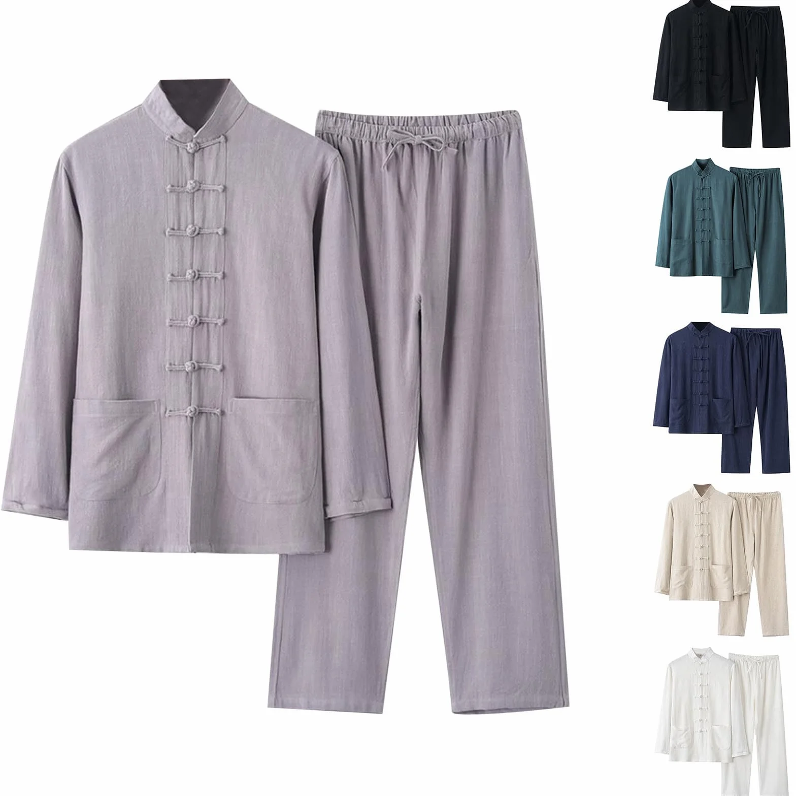 Traje de hombre estilo chino tradicional Kung Fu Tai Chi Traje de lino 2 piezas manga larga algodón lino camisa y pantalones ligeros transpirables verano casual traje de chándal