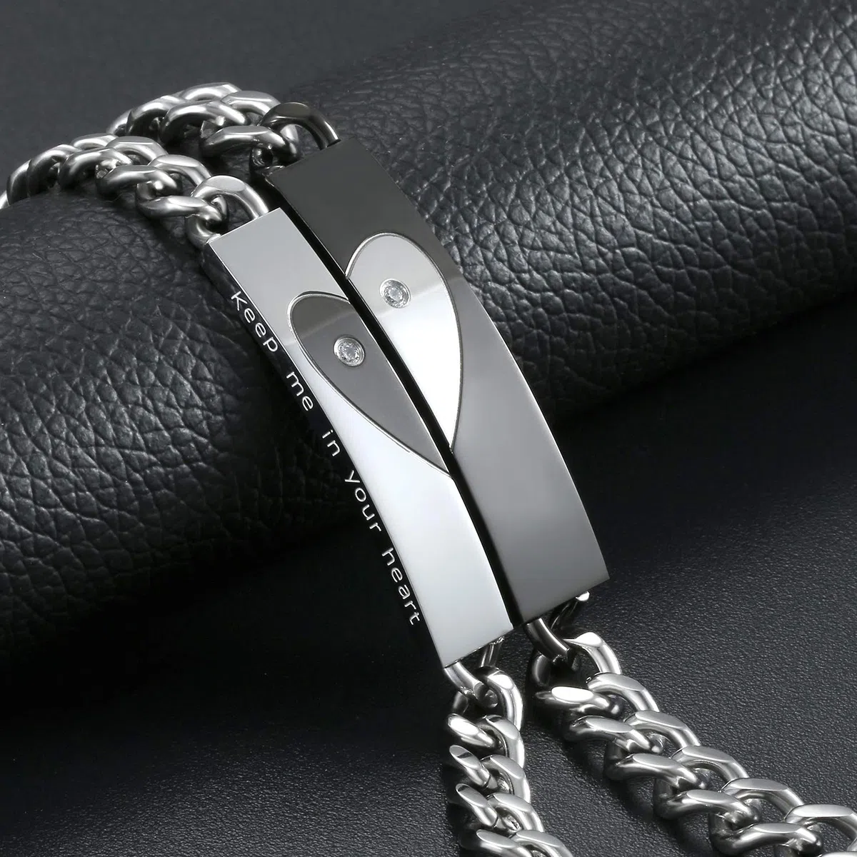 Flongo Pulseras para Parejas, Collares Colgantes para Parejas, Pulseras de Amor, Collares de Parejas de Acero Inoxidable Color Negro Plateado, Regalo para San Valentín