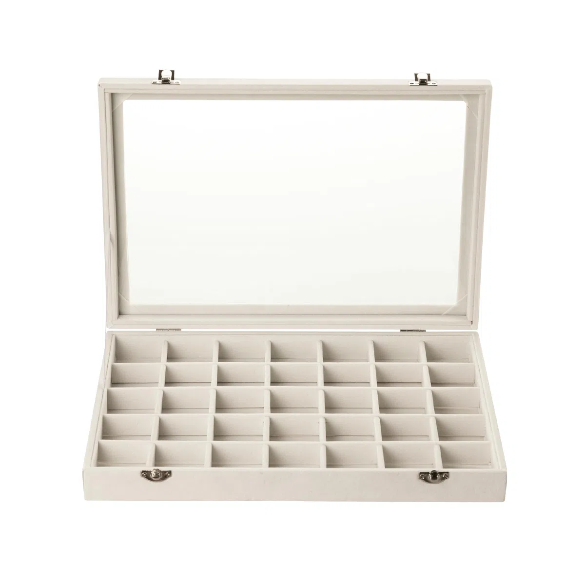 Frebeauty Bandeja de joyas 35 casillas caja de almacenamiento de joyas de terciopelo, caja de exhibición de collar de pulsera femenina con cajón de joyas con tapa transparente (35 casillas blancas)