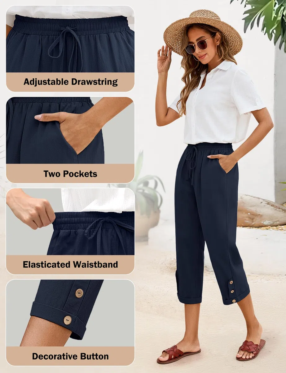 Voqeen Mujer Pantalones Verano de Algodón Frescos Pantalón Cintura Alta Elástico con Bolsillos Casual 3/4 Pantalones Anchos con Cordón Ligeros y Cómodos