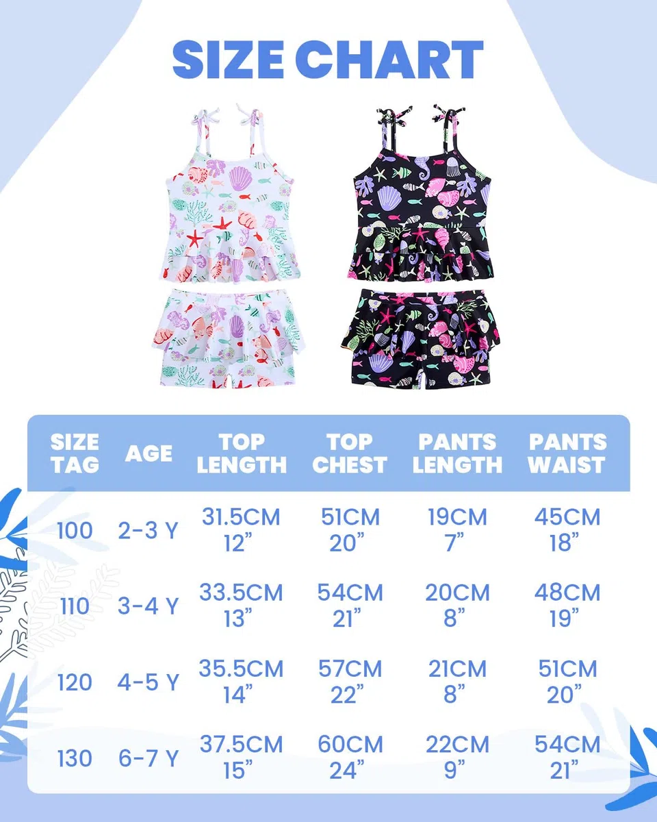 DivingBirds Traje de baño para niñas, traje de baño de dos piezas con pantalones cortos, protección solar UV, dobladillo con volantes, traje de baño de 2 a 6 años