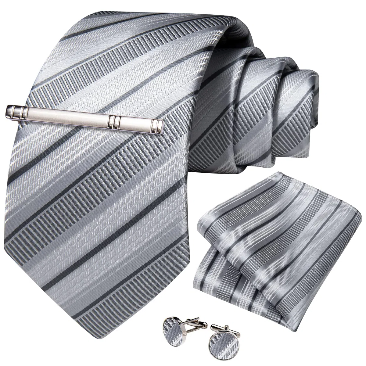 DiBanGu Conjunto de corbata de seda a rayas para hombre, corbata a cuadros con pañuelo de bolsillo, gemelos y clip de corbata para boda formal