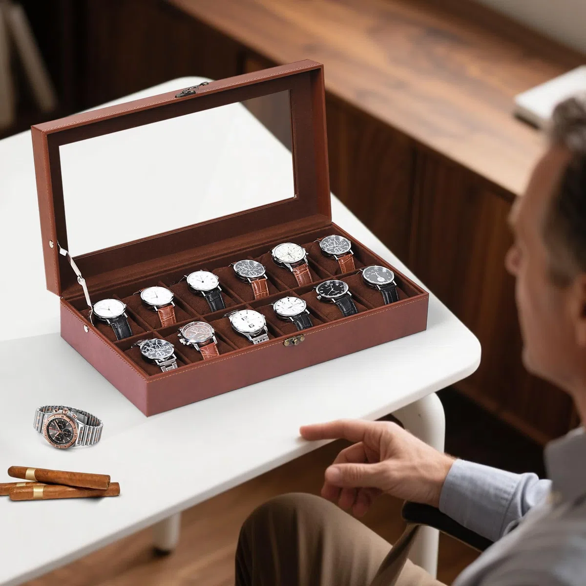 AUTOARK MKAW103 - Caja de reloj de cuero y terciopelo con tapa de cristal, organizador de joyas con cerradura, almohadas extraíbles para reloj, café, MKAW103