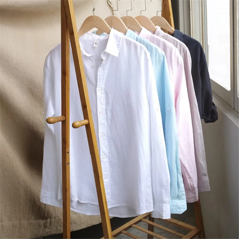 Vsadsau Camisa vintage de manga larga 100 % lino para hombre, estilo casual, L610 Blanco, 3XL