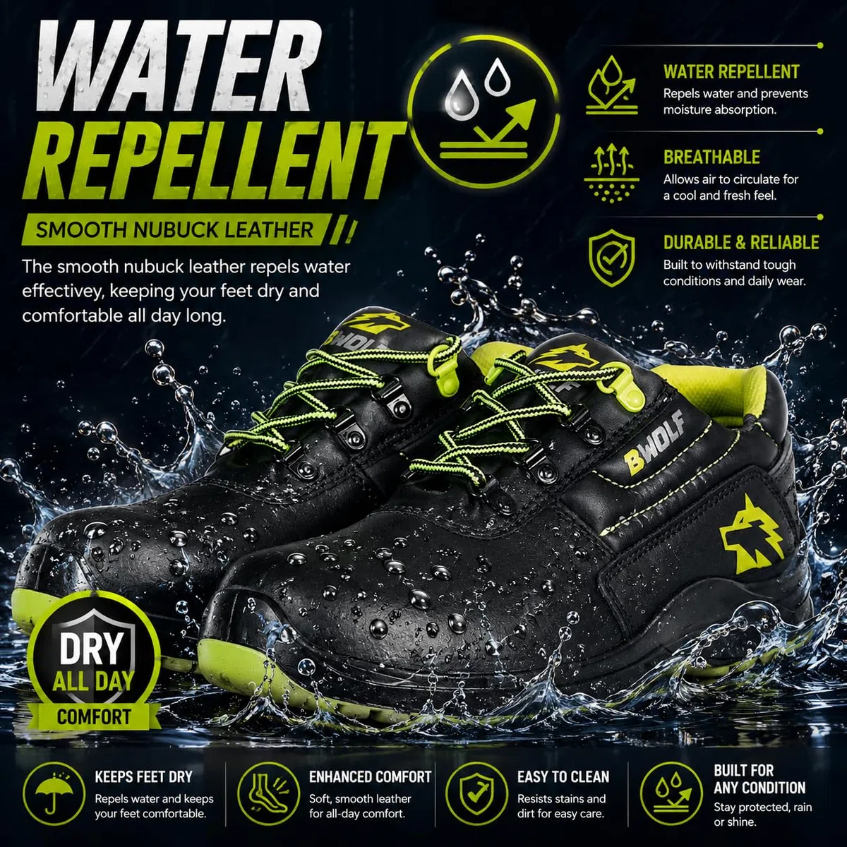 BWOLF SPYKE Zapatos de trabajo bajos S3 impermeables, resistentes al aceite, antideslizantes 4x4 Grip Tech, suela Ergo, Negro, 42 EU