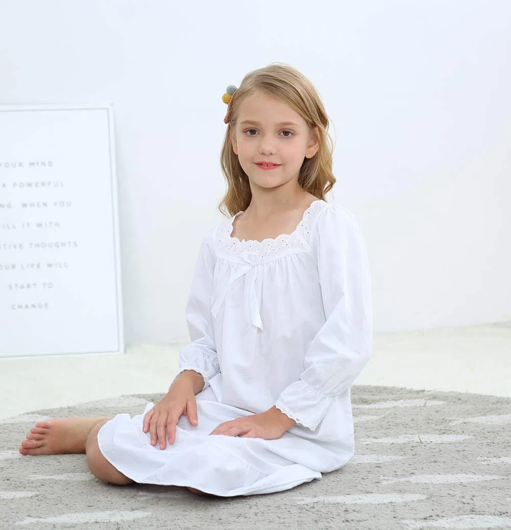 Niña Manga Larga Pijama de Algodón de Vestido de Noche Camisones para Niñas Blanco,90-150 Cm