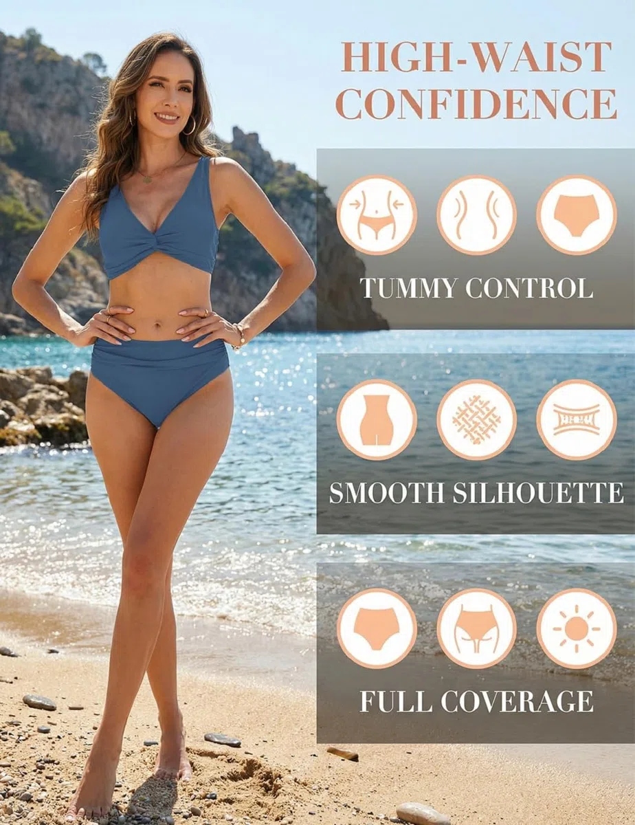 Yutdeng Bikini Mujer Braga Alta Bañador Dos Piezas Reductor Barriga Bikini Push Up con Relleno Crossover Cuello V Conjunto Bikini Alto Vientre Plano Traje de Baño Mujer 2 Piezas Ropa de Baño