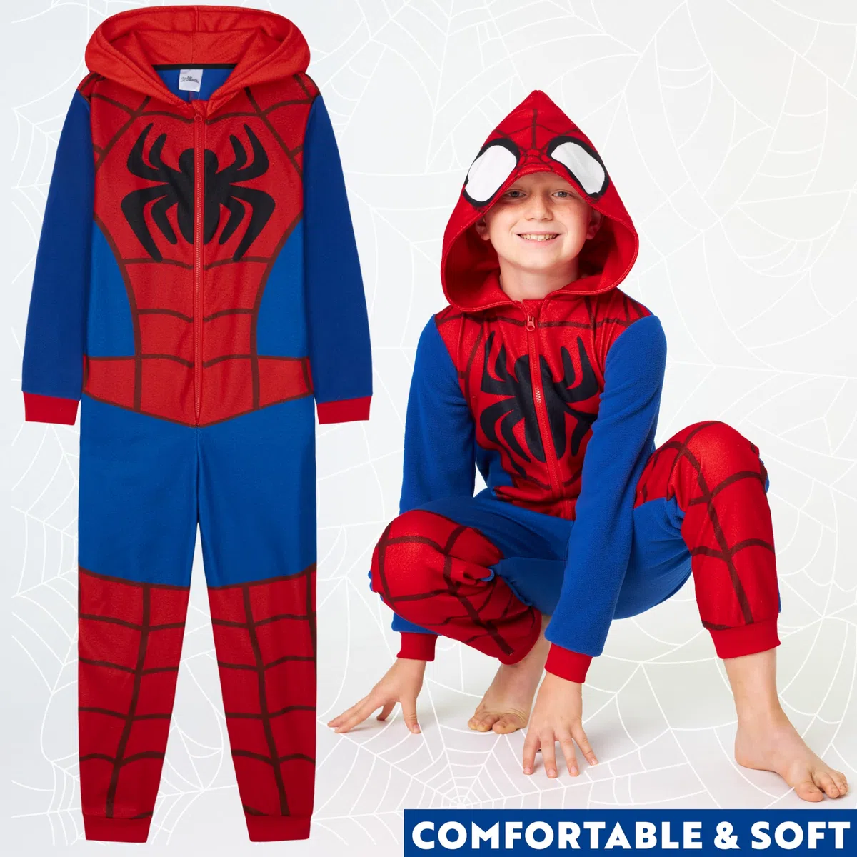 Marvel Spiderman Pijama Entero Niño, Acogedor Mono Pijama Polar, Todo en Uno Encapuchado Ropa de Dormir, Regalos para Niños